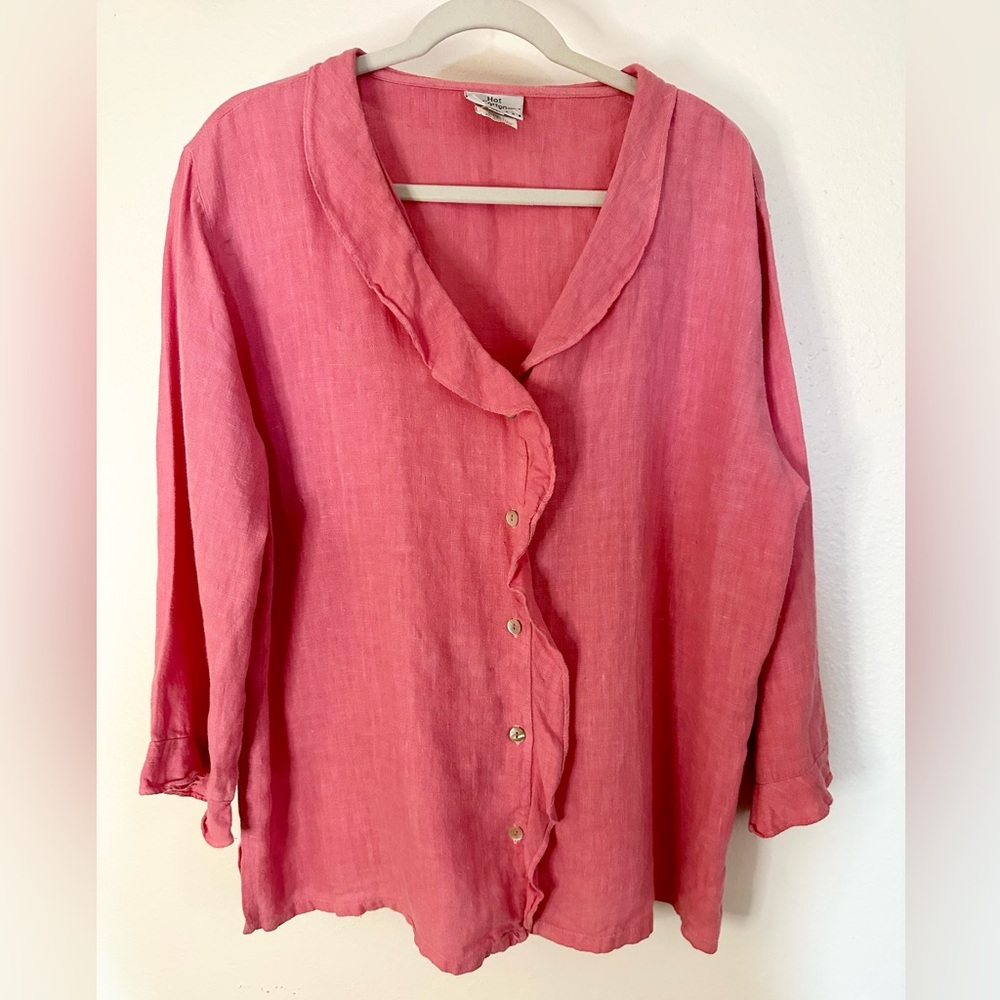 Cottagecore 100% Linen Pink Ruffle Button Front Top Made in USA Hot Cotton